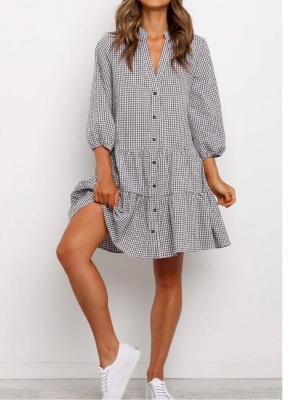 Petal & Pup Black and White Gingham Tiered Button-Front Mini Dress